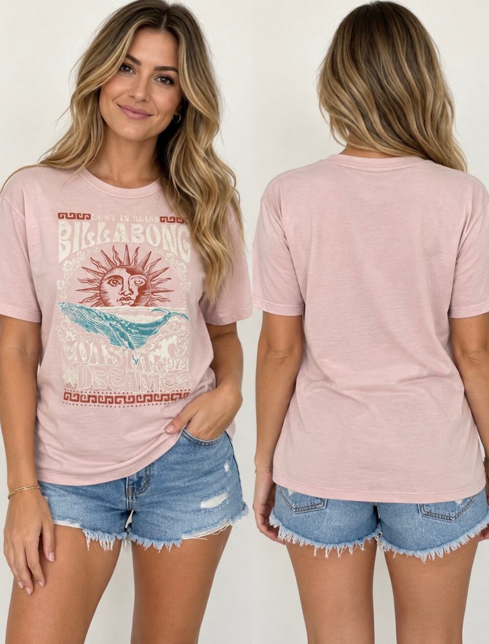 Billabong Women’s Small Pink Sun Whale Graphic Tee Coastal Boho NWT